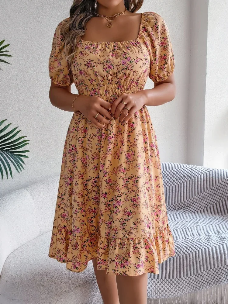 Women's Fashion Floral Short-sleeved Square Neck Chiffon Three-dimensional Ruffles Afternoon Tea Dinner Dresses
