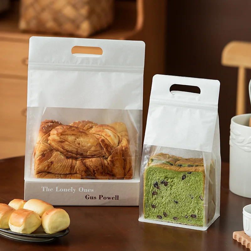 TETP 50pcs Portable Self-Standing Cotton Paper Bags with Thick Transparent Window for Baking Pastries Food Packaging Sealed Bag