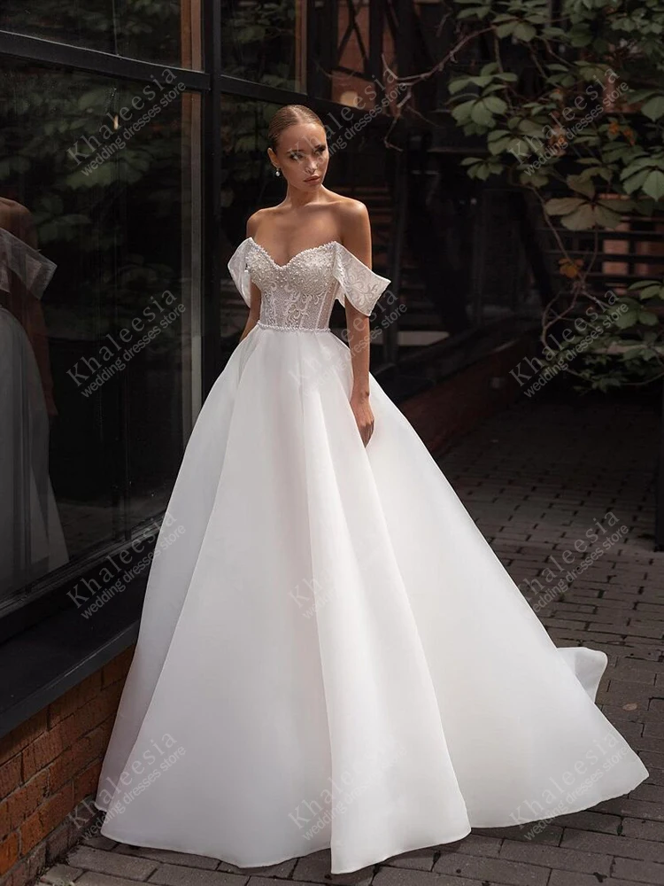 매력적인 웨딩 드레스 라인 신부 가운 레이스 아플리케 오프 숄더 가운 백리스 베스 티드 드 노비아 맞춤형 2025