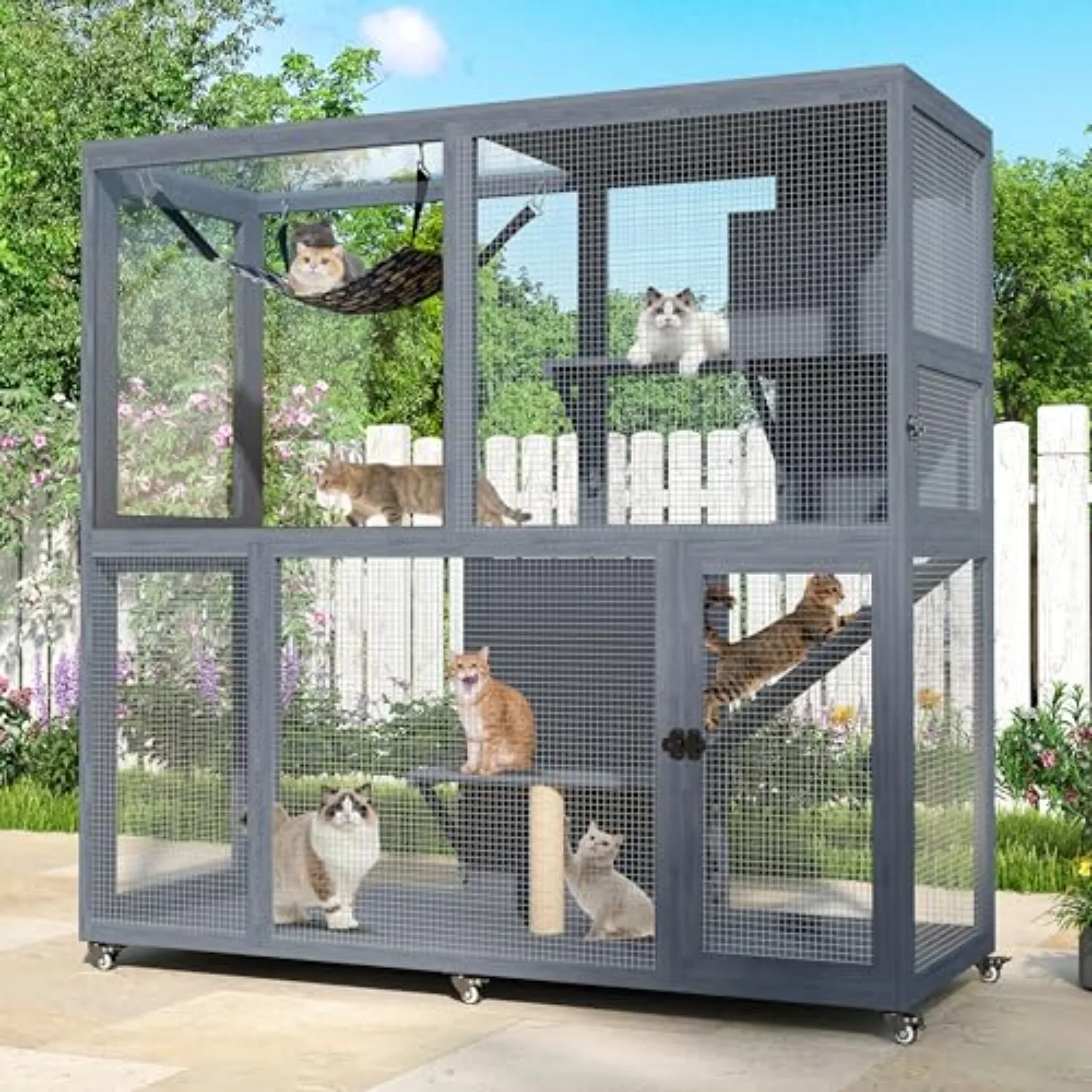 Catio Outdoor Cat Enclosures, 4-Tier Cat House with Wheels, Grey | Large Wooden Window Catio Cats Cage with