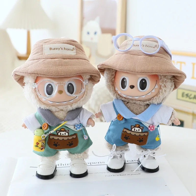 Labubu15cm/17cm Doll Clothing Sitting Party Doll Clothing High Quality T-shirt Strap Pants Set Hat With Water Bottle