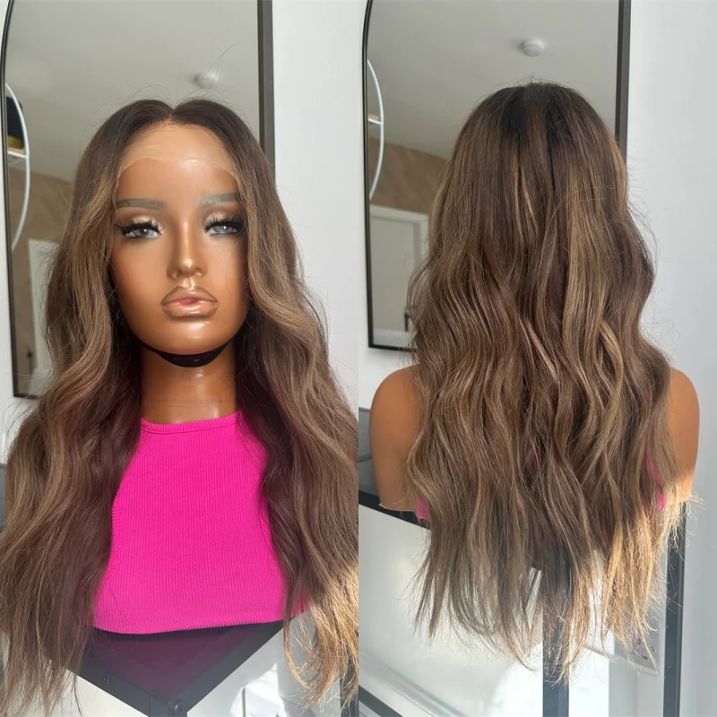 Party Wigs Ombre Caramel Brown Highlights Balayage Luxury Synthetic Lace Front Wig Natural Long Looes Wave Wig Soft Glueless Wig