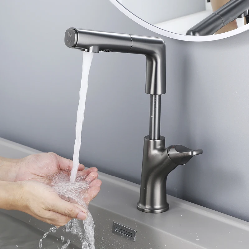 

Deck Mounted Bathroom Pull Down Faucet Two Function RV Basin Sink Faucet Contemporary Single Handle Hot and Cold Mixer Taps Gray
