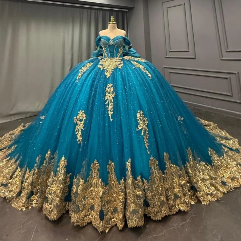 

Sea Blue Quinceanera Dresses Off The Shoulder Gold Applique Lace Beading Crystal Bow Tull Corset Party Birthday Sweet 16 Dress