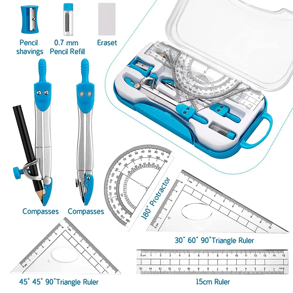 Geometry Set 10 Pcs Math Supplies Kit,Including Compass,Protractor,Ruler,Eraser,Pencil Ect,for Drawing and Measurement