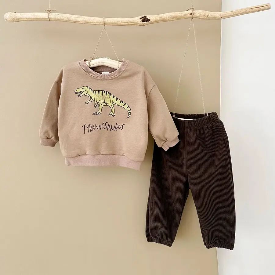 2PCS Newborn Baby Boys Clothes Set Dinosaur Prints Sweater+corduroy Pants Children\'s Clothing Girls Outfit Cotton Suit Spring