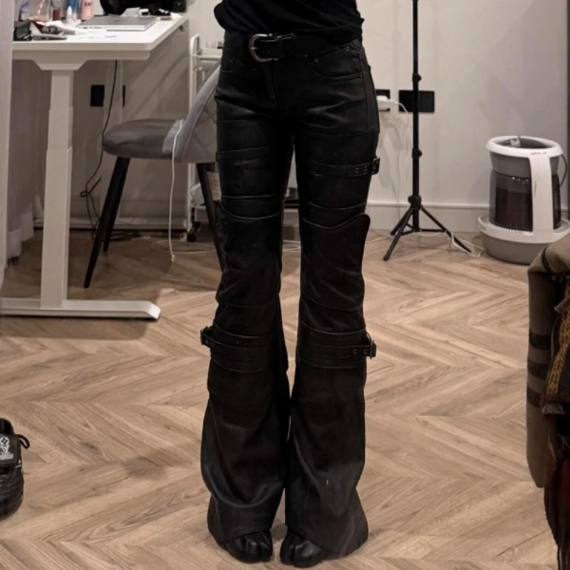 American Retro Design Black Women's Bell-bottoms 2025 Winter New Sweet Cool Hot Girl Slimming Punk Slimming Leather Pants Ladies