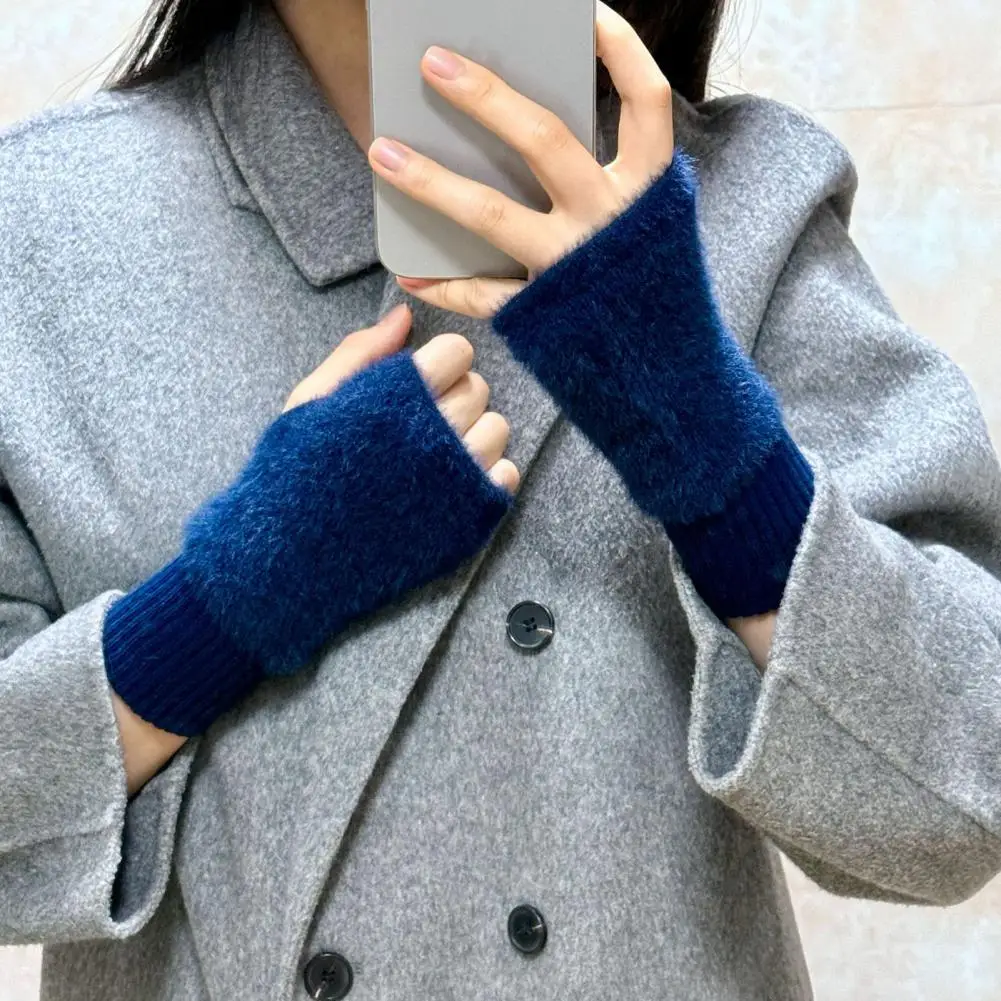 Half Finger Gloves Fingerless Gloves for Women Winter Warm Half Finger Mittens Faux Fur Thumb Hole Stretchy Typing Gloves Plush