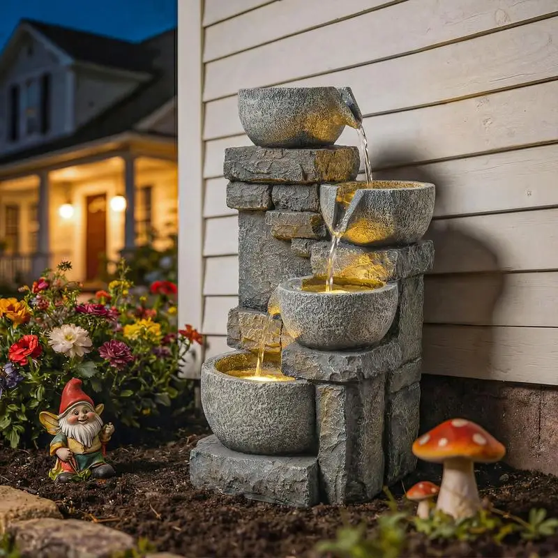 4-stufiger Kaskaden-Gartenbrunnen mit Stein- und Ziegeloptik, LED-Beleuchtung, 28 x 25 x 54,5 cm, grau