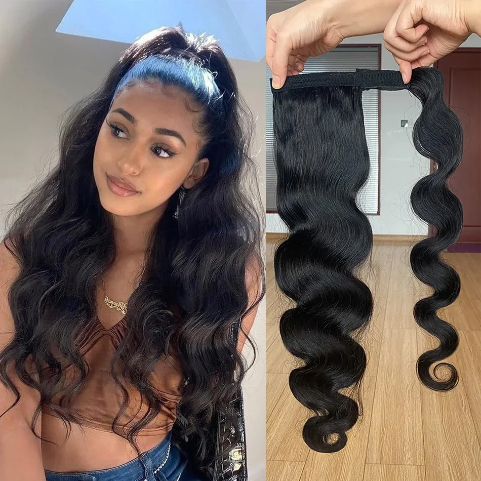 

Body Wave Wrap Around Ponytail Virgin Raw Human Hair Wavy Clip in Hairpiece Natural Black Color Pony Tail Hair 16-26inches