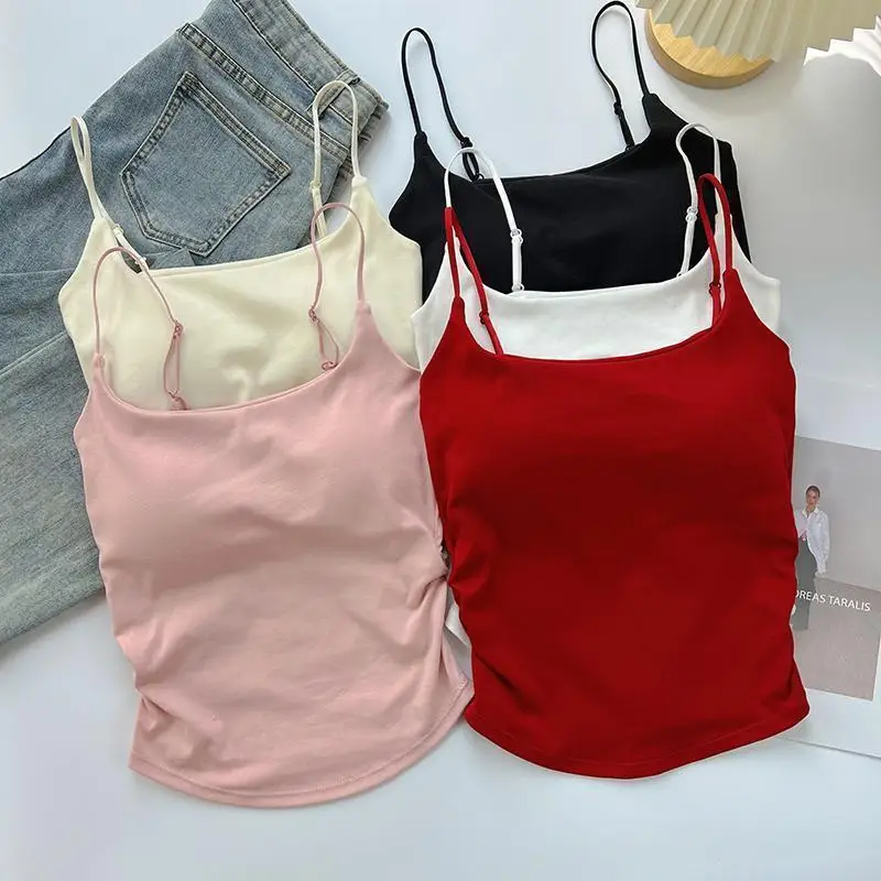 New pure sweet and spicy design pleated camisole vest for women with chest cushion for inner and outer wear slim fit top