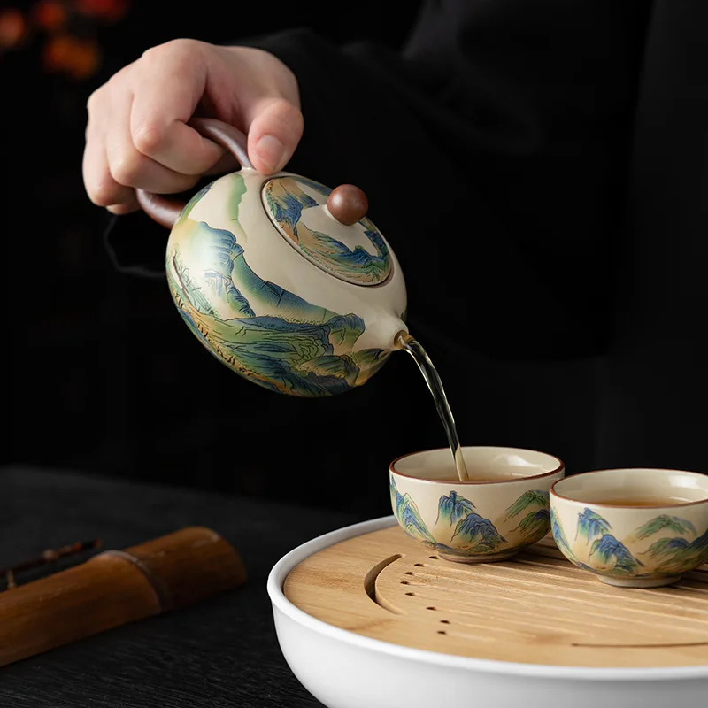 Beige Ru Kiln Kung Fu Tea Set High-end Living Room Reception Household Teapot Teacup Tea Tray Small Tea Set Gift
