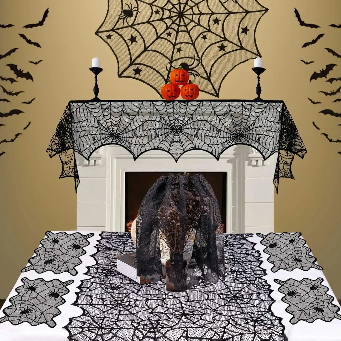 Halloween Tablecloth Bat Spider Web Black Lace Tablecloth Mantel Cloth Family Table Decoration Halloween Party Decoration