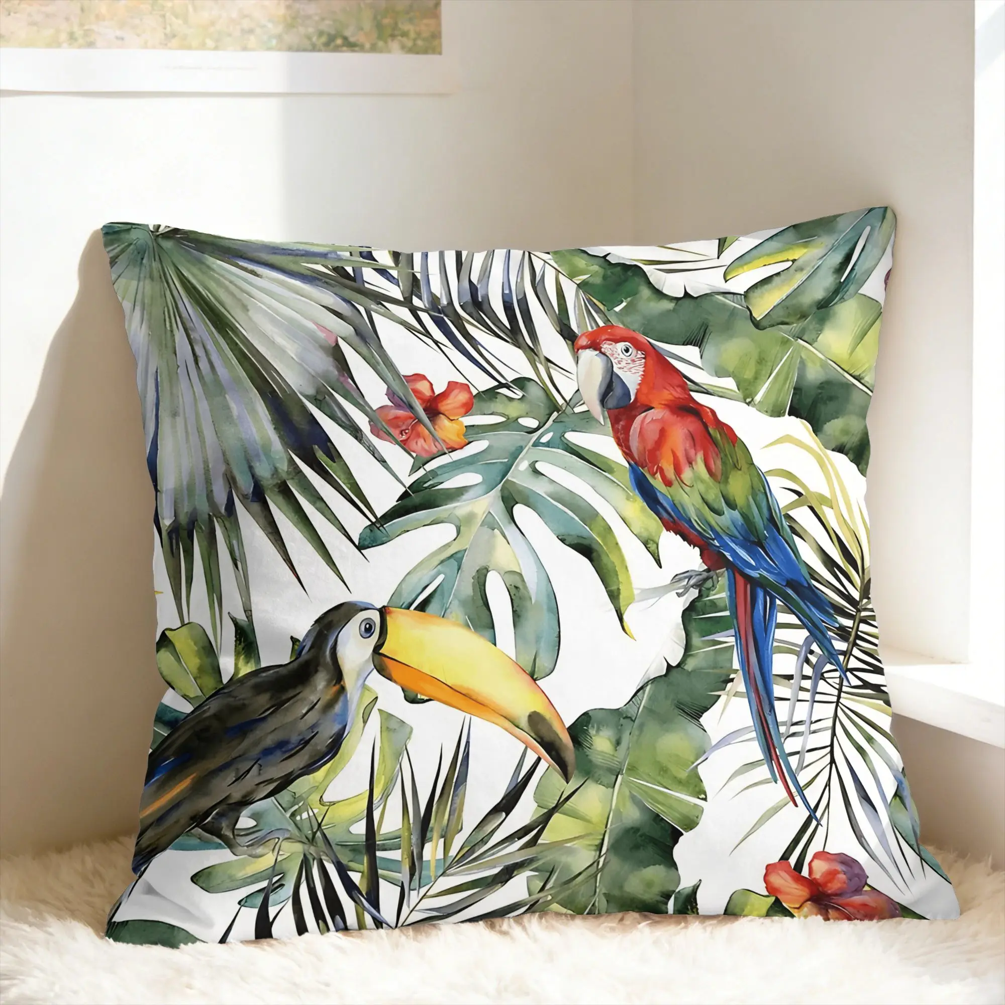 Tropical Parrot Palm Pillow Cover  Retro Trendy Pillow Case For Couch Sofa Bedroom Comfy Pillowcases Birthday Present