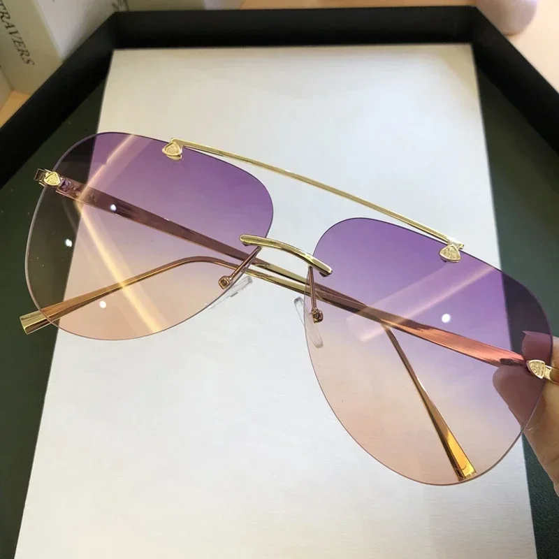 Rimless Pilot Sunglasses Men Classic Double Bridge Gradient Shades Trendy Vintage Fashion Multicolor Casual Sun Glasses