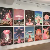 1pc Vintage Psychedelic Pink Alien UFO With Woman Poster Self-adhesive Art Waterproof Paper Sticker  House Bar Room Wall Decor