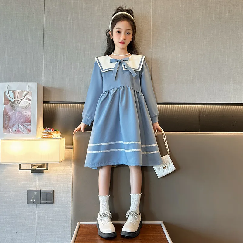 2024 autunno inverno New retro Girls Cotton Sailor Collar bow Teens a-line striped JK Dress Baby Clothes Toddler da 8 a 10 12 anni