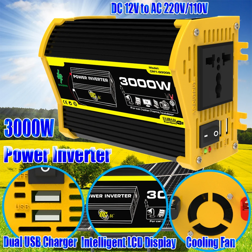 Dual USB Car Voltage Transformer 3000W Intelligent Power Inverter DC 12V To AC 110/220V Car Charger Converter for iPad Phone
