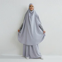 Set musulmani due pezzi abbigliamento da preghiera lungo con cappuccio camicie con maniche Smocking Hijab Maxi gonne larghe elastico in vita donna Abaya set