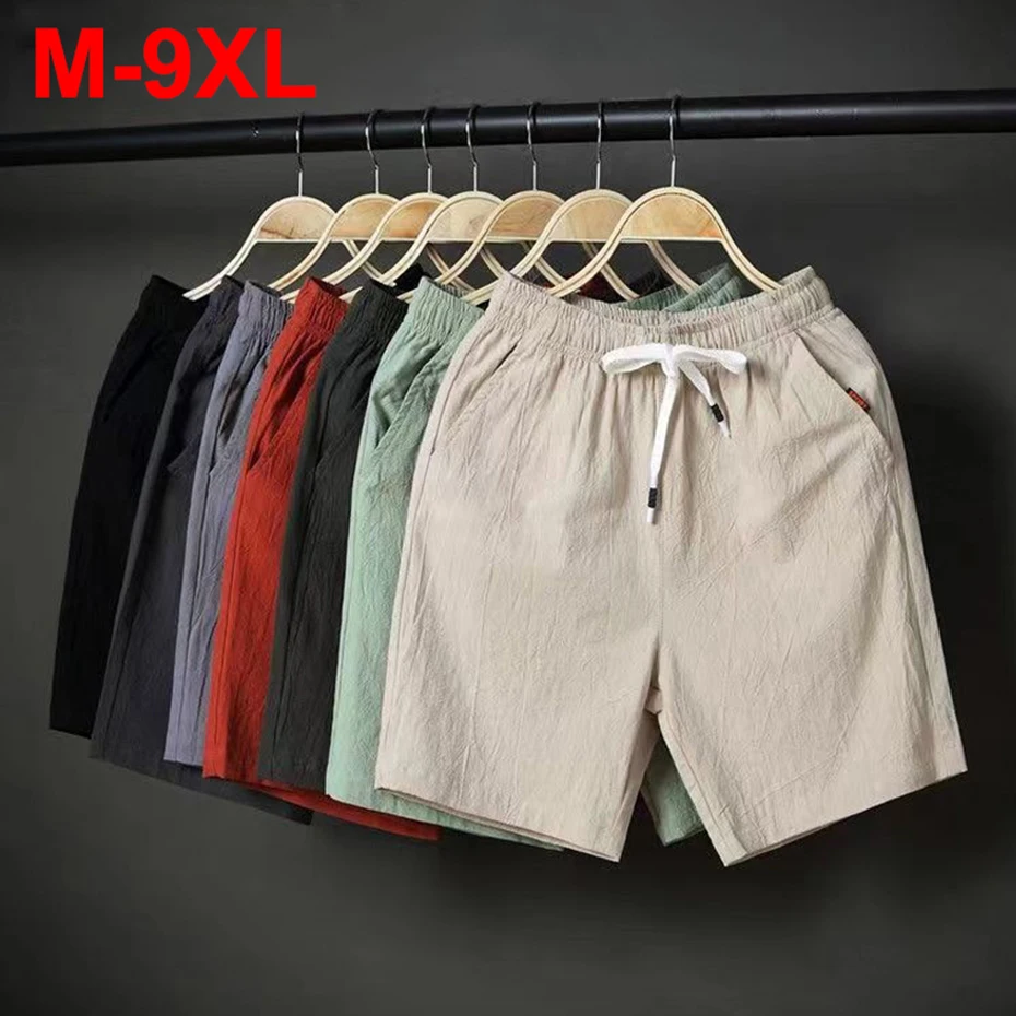 

Мужские шорты больших размеров 9XL, летние повседневные пляжные шорты, однотонные свободные хлопковые льняные шорты, большой размер 7XL 8XL