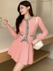 Casual Pink Knitted 2 Piece Set Elegant O-Neck Cardigan Top + High Waist Mini Pleated Skirts Spring Korean Fashion Sweet Outfits