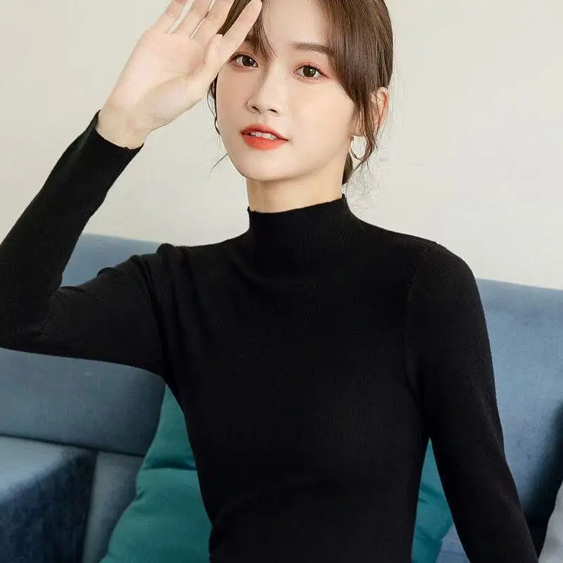 Autumn Winter Mock Neck Women Sweater Vintage Basic Solid Knitted Tops Casual Slim Pullover Korean Sweaters Simple Chic Jumpers