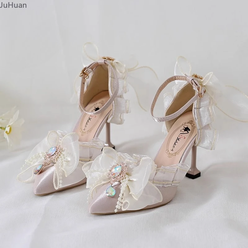 

Japanese Sweet Beige Flower Wedding Lolita Girls High Heels Handmade Pointed Bow Rhinestone Lace Sandals Versatile Heels Women