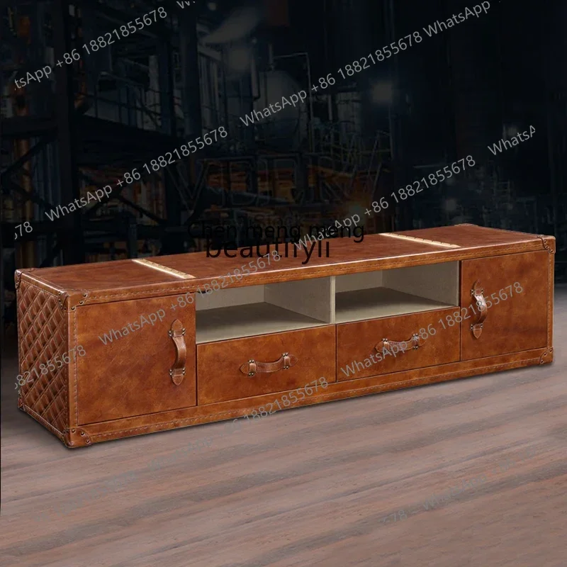 New arrive  American medieval TV cabinet space aluminum leather storage cabinet custom industrial wind oil wax leather box cabin