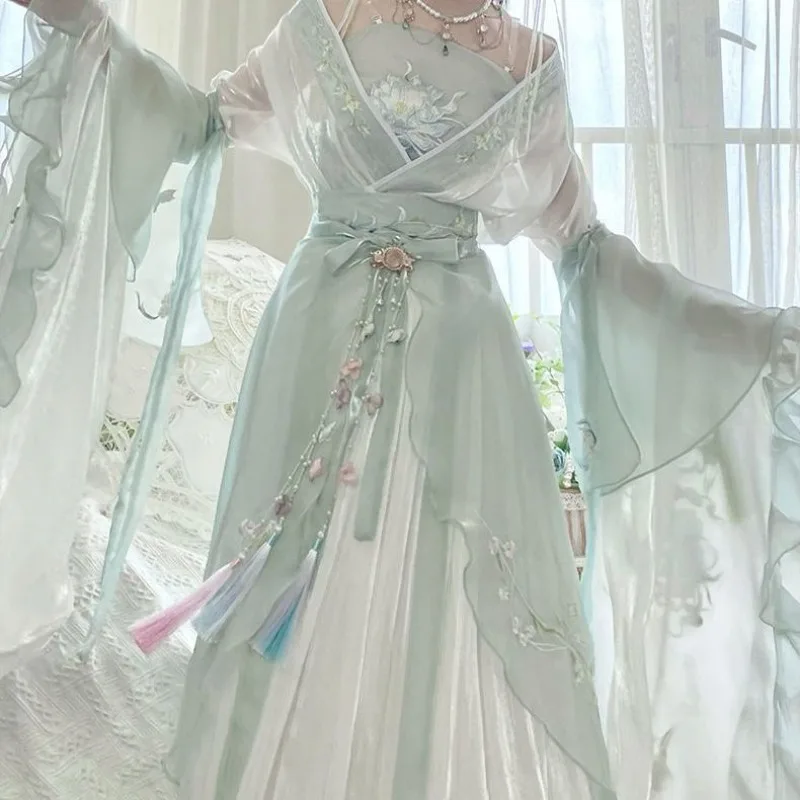 Robe Hanfu traditionnelle chinoise pour femmes, ensemble de robes de cosplay nickel é féminin, costume de Noël et du nouvel an, tenue de la dynastie Han verte