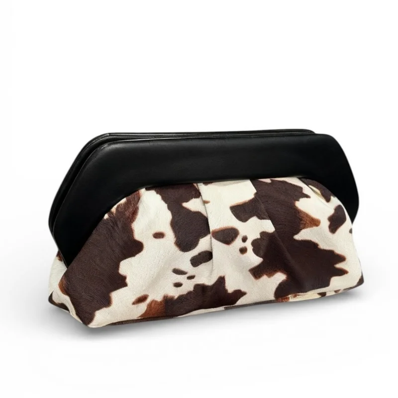 Retro Cow Pattern Makeup Bag Fashionable Pleated Pu Party Wedding Clutch Bag Women Leopard Print Handheld Lipstick Bag Purse