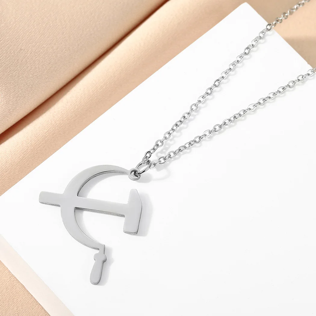 Stainless Steel Hammer And Sickle Pendant Necklace Women Men Worker Farmer Comintern Sign Jewelry Soviet Union Flag Necklaces