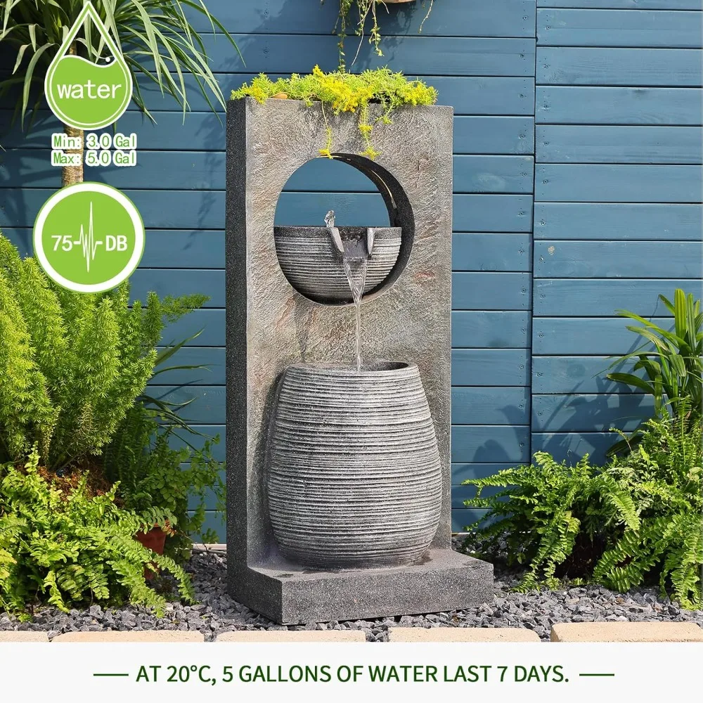 Water Fountain Outdoor Indoor - Modern Waterfall Garden Freestanding Fountain Curved Surface Artistry Design with LED Lights and