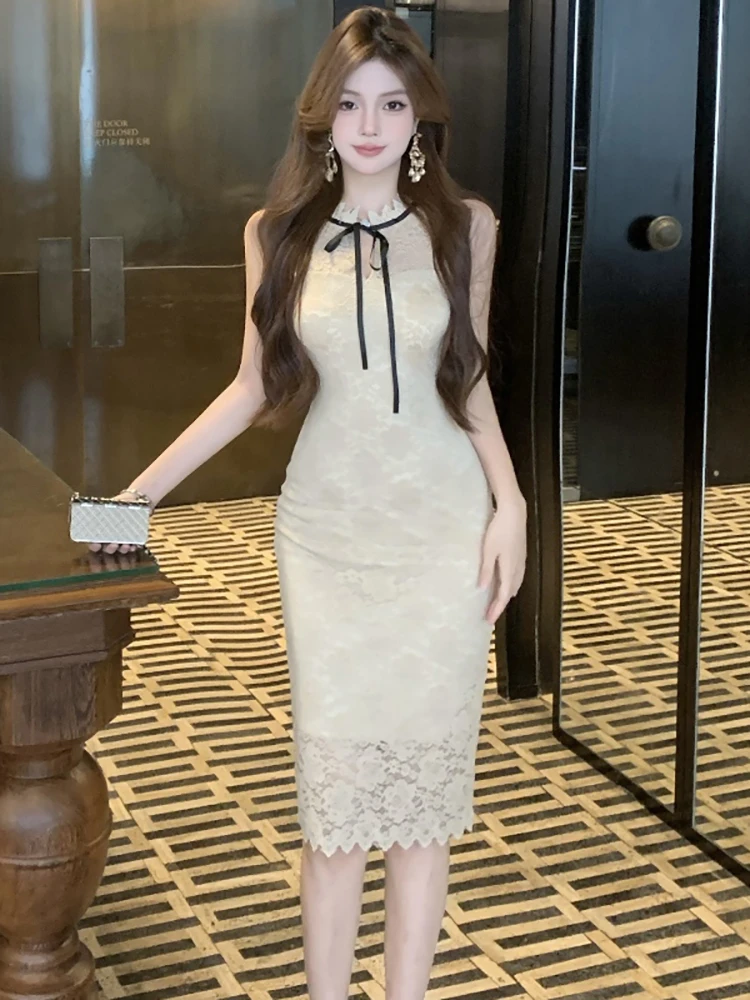 

2026 New Lace Jacquard Chic Bow Stand Collar Midi Dress Women Elegant Sleeveless Dress Robe Spring Summer Korean Bodycon Dresses