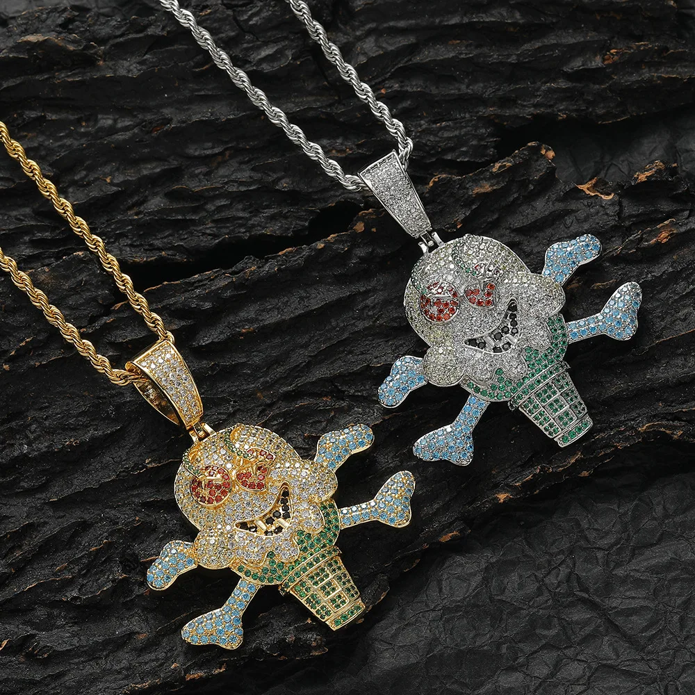 Europe and America Inlaid with Multiple Zircons Pirate Ice Cream Colorful Skull Necklace UNISEX High End Party Hip-hop Necklace