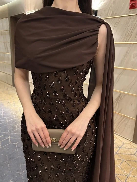 AsaNagi Customized Chocolate Brown One-Shoulder Capelet Sequin Prom Gowns Slim Fit Birthday Party Dresses Elegant Summer Dress