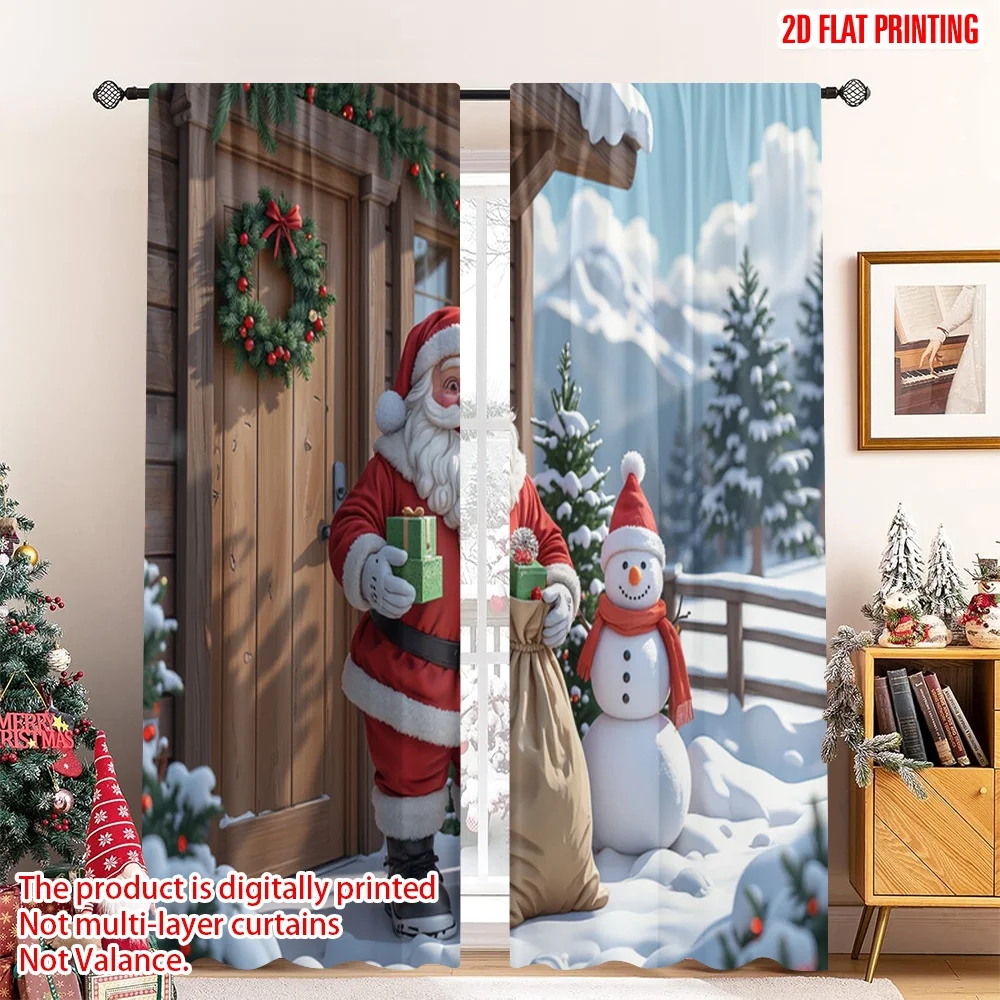 

2pcs 2D flat printing Merry Christmas Popular Window Curtains Santa Claus Gifts Snowman Wreath Fabric Without Electricity Party