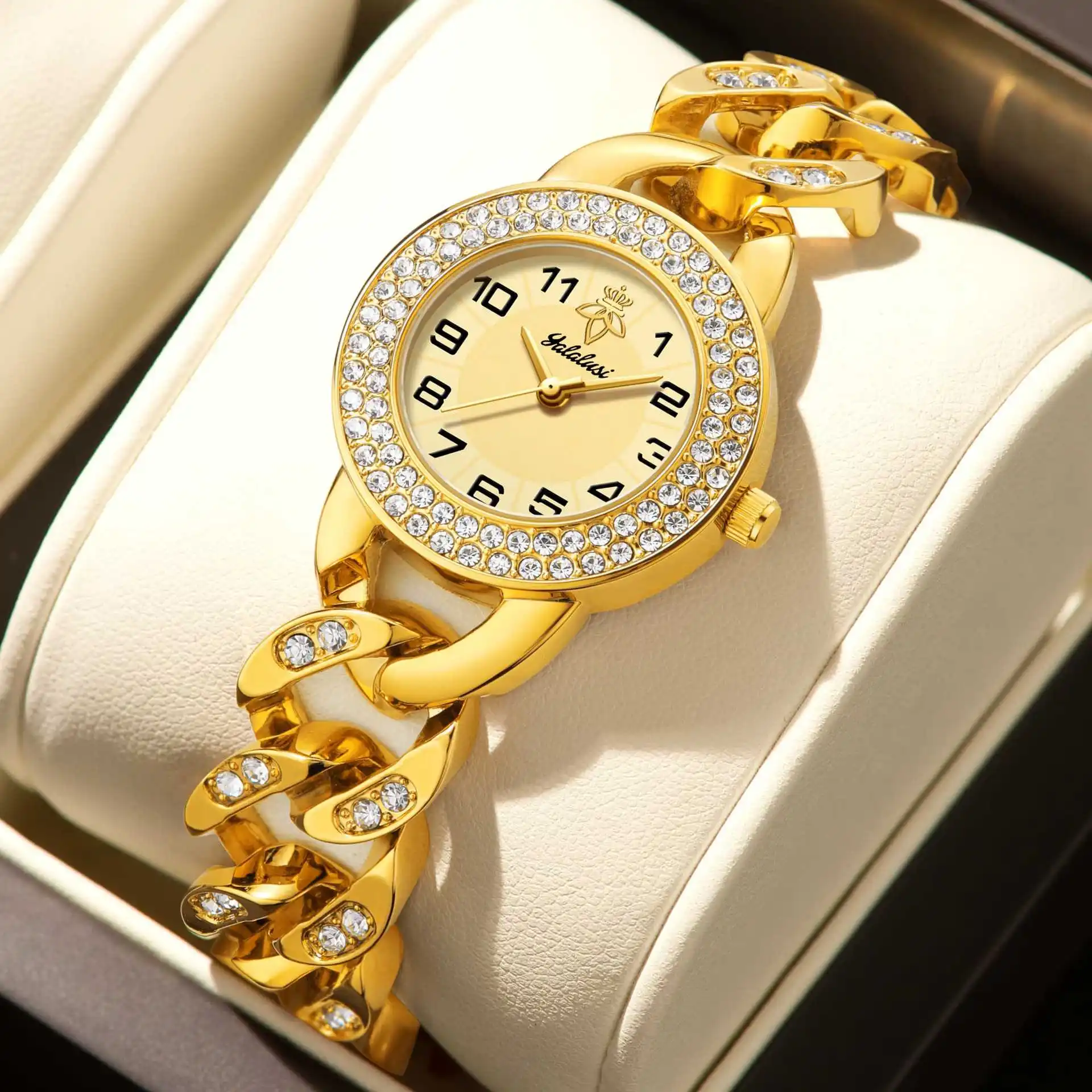 New Women'S Watch With A Luxurious Diamond Bezel And Gold Chain Strap A Stylish Quartz WatchA High-End Luxury Women'S Timepiece.