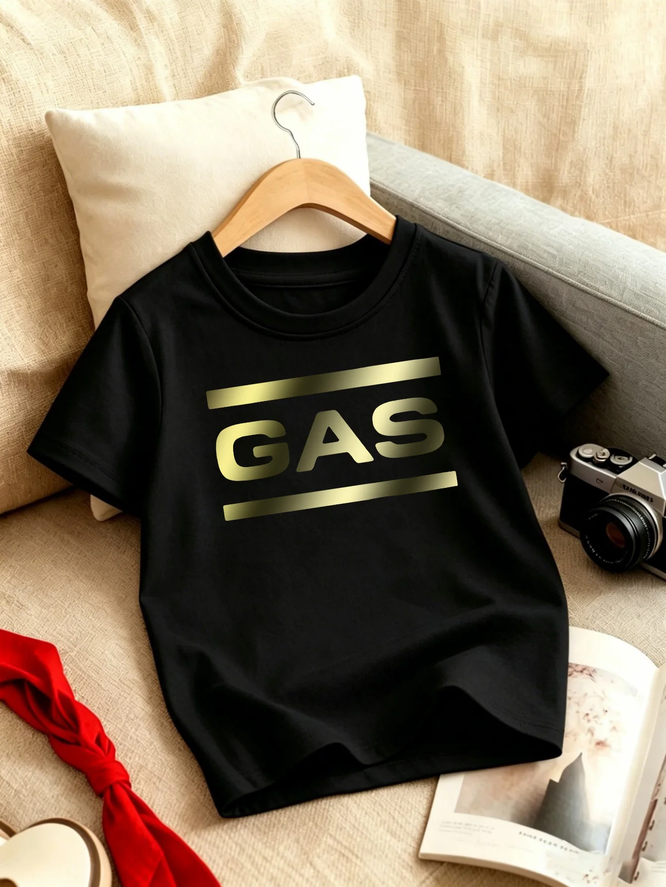 Metallic Gold GAS Letter Stripe Print Boys Girls Family Matching Cotton Short Sleeve Crew Neck Soft Summer Kids Casual Tees