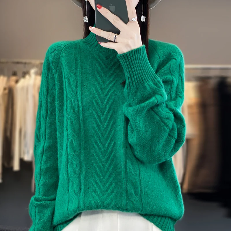 

2023 Autumn and Winter New Women's Half High Neck 100% Merino Wool Sweater Casual Knit Pullover Loose Korean Fashion Women's Top