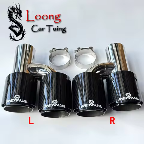 REMUS Pair(L+R) H Type Dual Car Universal Exhaust Tips Glossy Carbon Fiber Stainless Double Exit Exhaust Pipes Muffler Tailpipe