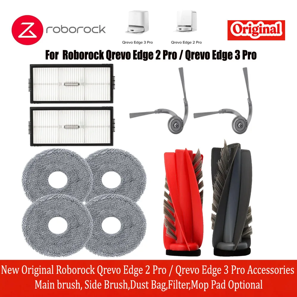 Nieuwe, originele accessoires voor de Roborock Qrevo Edge 2 Pro / Qrevo Edge 3 Pro: hoofdborstel, zijborstel, stofzak, filter, optionele dweilpad.