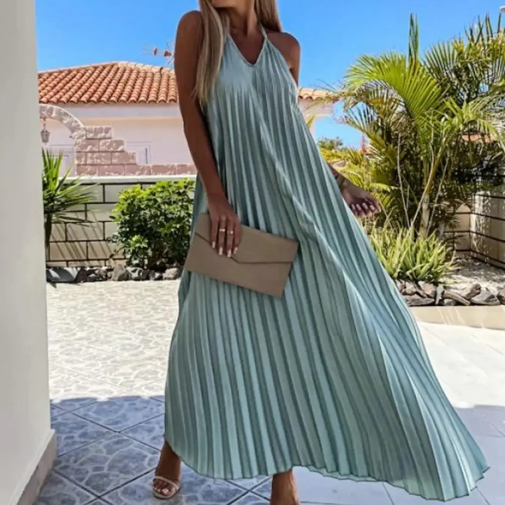 Seksowna Halter długa sukienka Off Shoulder Backless jednokolorowa sukienka Maxi elegancka prążkowana letnia plaża sukienka plisowana odzież damska