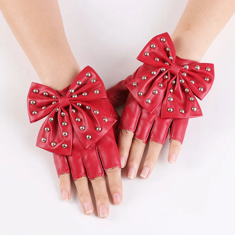 Fashion Fingerless Cosplay PU Leather Gloves Big Bow Rivet Sexy Disco Dancing Rock And Roll Black Punk Show Half Finger Mittens