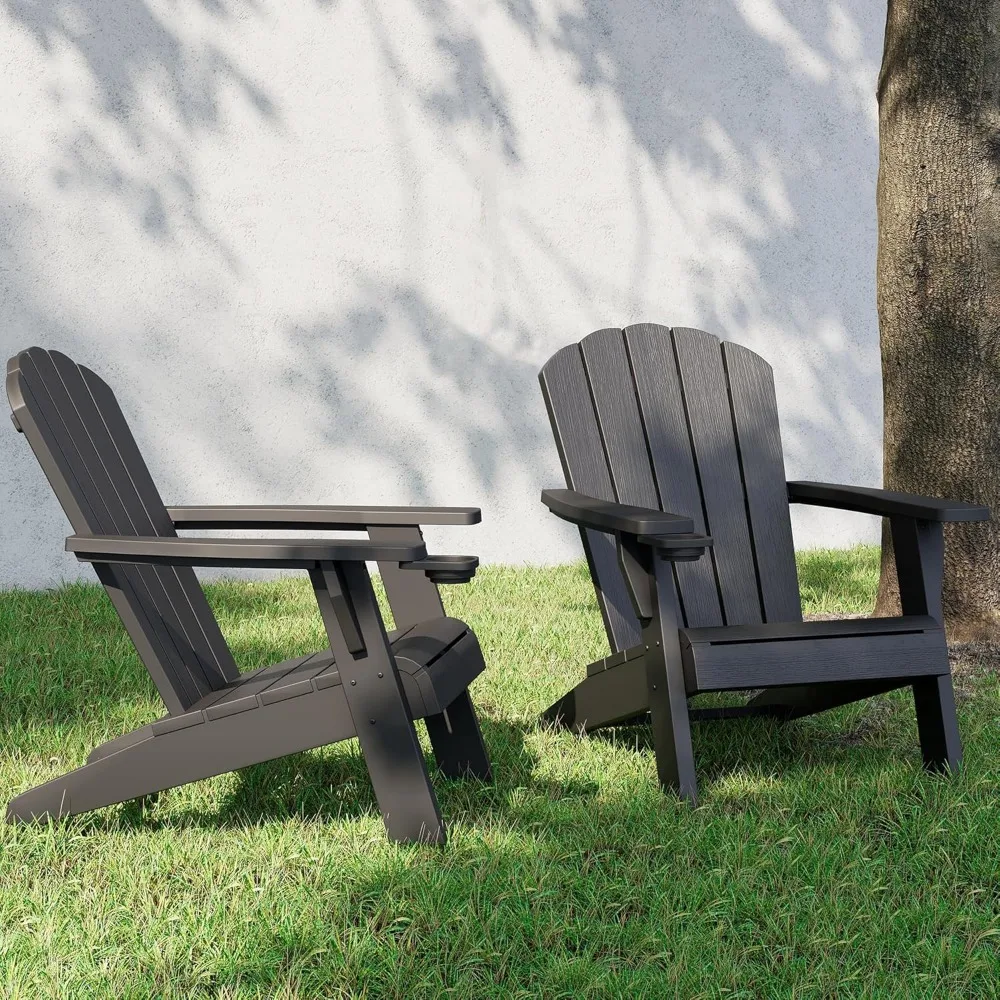 Juego de 2 sillas Adirondack para exteriores, silla Adirondack de plástico con portavasos, silla negra para hoguera, sillas modernas para jardín,