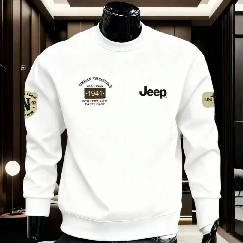New JEEP Men's Heavyweight Crew Neck Sweatshirt, Versatile Printed Casual Pullover for Spring and Autumn