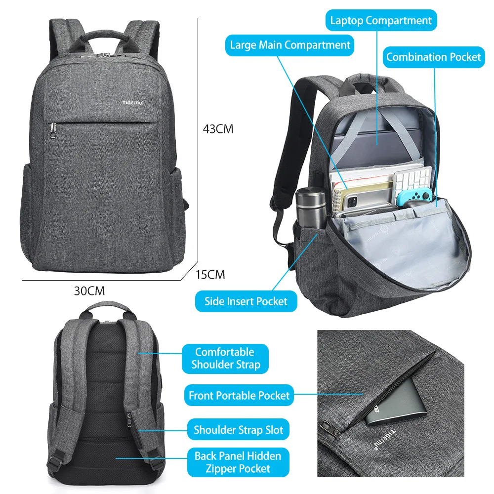 حقيبة ظهر مقاومة للماء للرجال من Tigernu مضادة للسرقة مقاس 15.6 بوصة حقيبة ظهر للكمبيوتر المحمول حقائب يومية غير رسمية للرجال حقيبة ظهر مدرسية للسفر بمنفذ USB