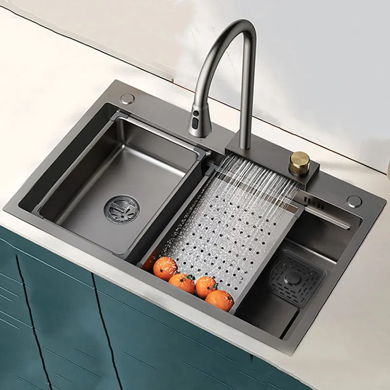 

Waterfall Black Kitchen Sink Undercounter Topmount 304 Stainless Steel Large Single Bowl Wash Basin Drain Cutting Board Set