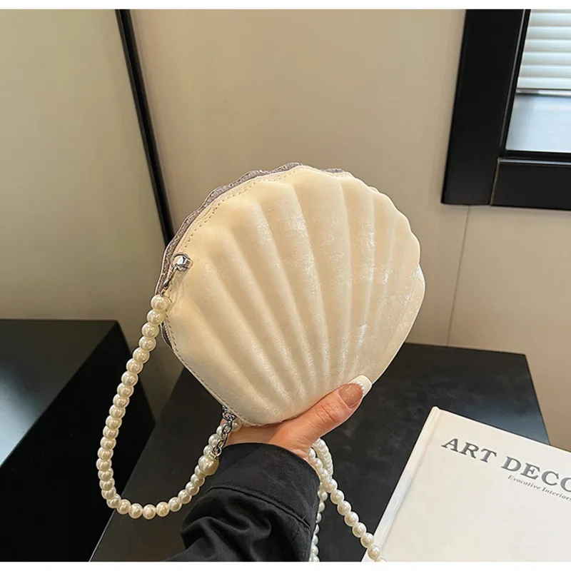 Women\'s Handbag Velvet Texture Solid Color Seashell Box Evening Bag 2024 Clutches With Pearl Chain Shoulder Bags Ladies Purses