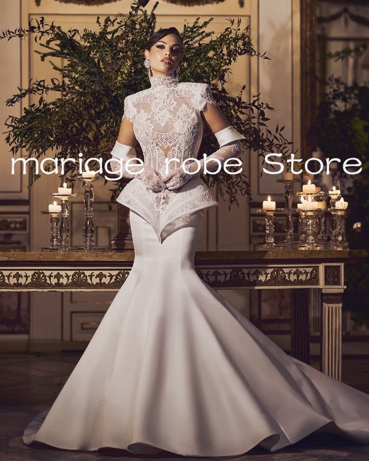 high neck long mermaid wedding dresses corset top lace peplum remove gloves garden church bridal gown garement customsized