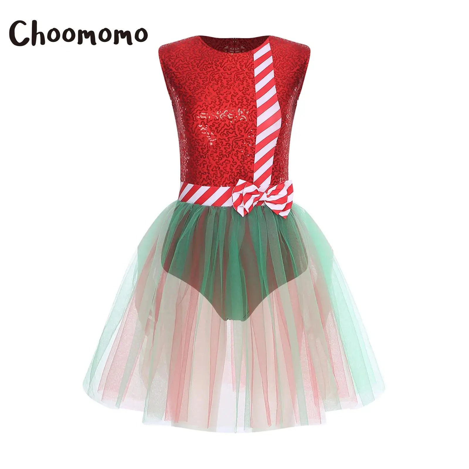

Womens Christmas Elf Costume Sequins Sleeveless Waist Bow Back Leotard Dress Glittery Dress for Xmas New Year Fancy Night Party